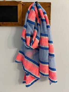 GAP Striped Scarf 30x72 Blue Pink Lightweight Fringe Wrap